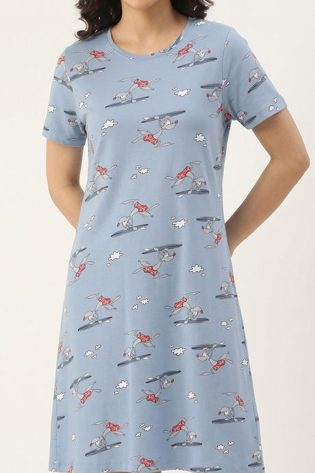 Zivame Farm Lore Knit Cotton Knee Length Nightdress - Ashley Blue — image 4